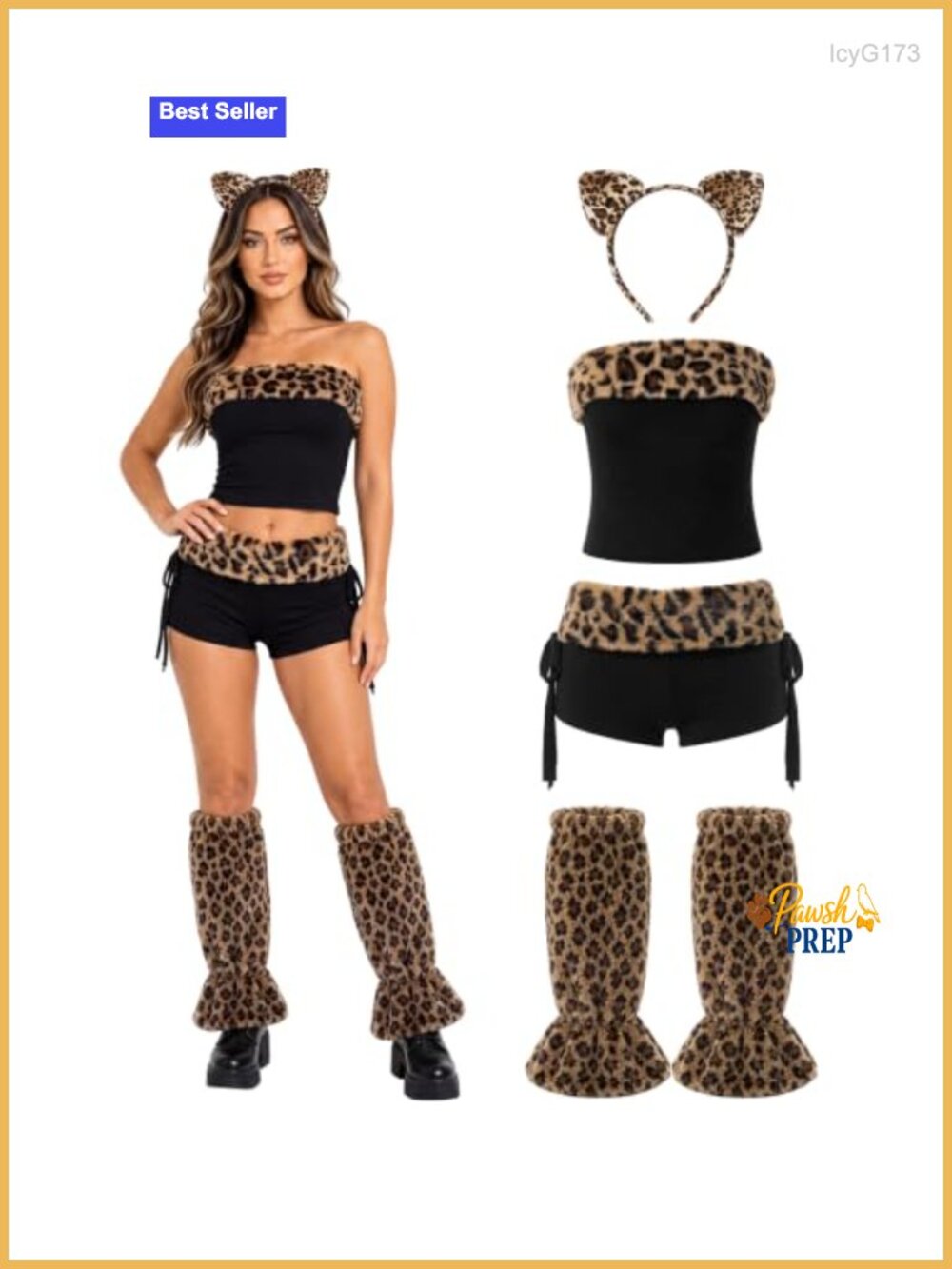 Y2K Leopard Club Set Tube Top Shorts Cat Ears Leg Warmers Halloween Costume